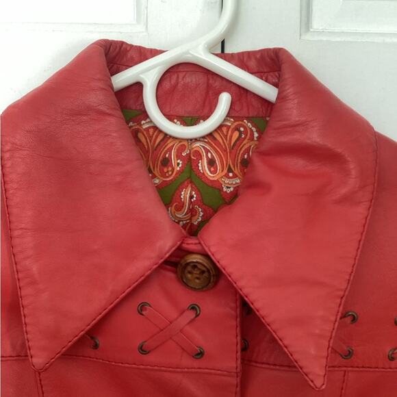 VTG 70s LEDA SPAIN by GROPPER Red 100% Leather Trench Retro Jacket 12 - Picture 10 of 10